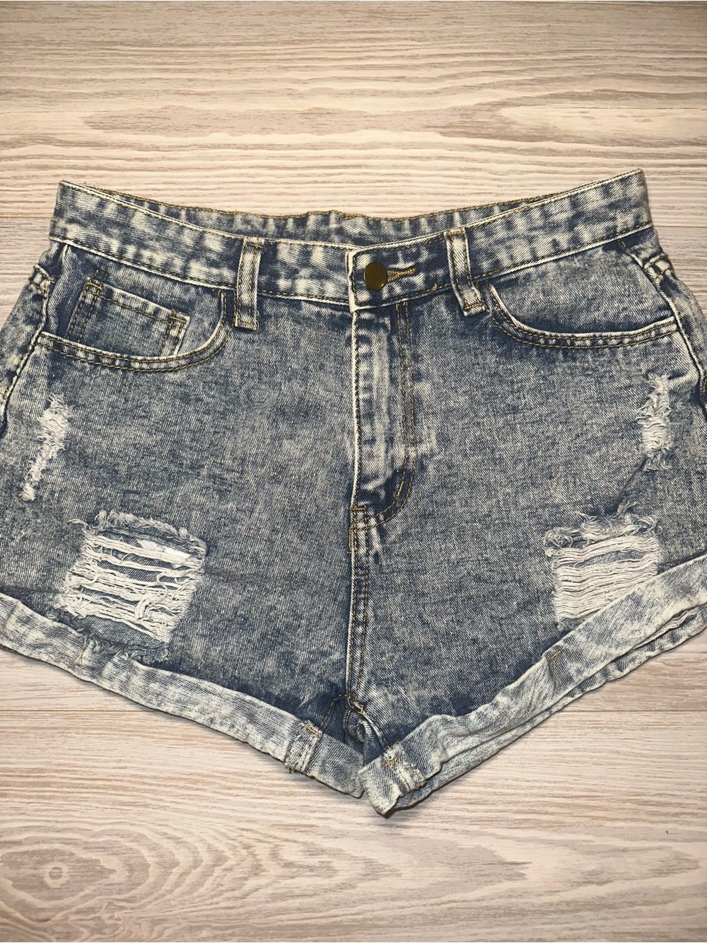 SHEIN Distressed Rolled-Hem Denim Shorts - Light Blue Wash